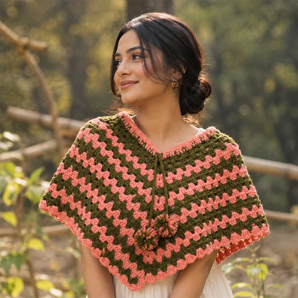 Woman wearing a handmade olive and pink granny square crochet poncho, in-use