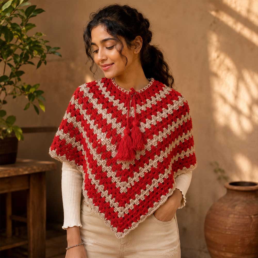 Woman wearing a handmade red and beige granny square crochet poncho, in-use
