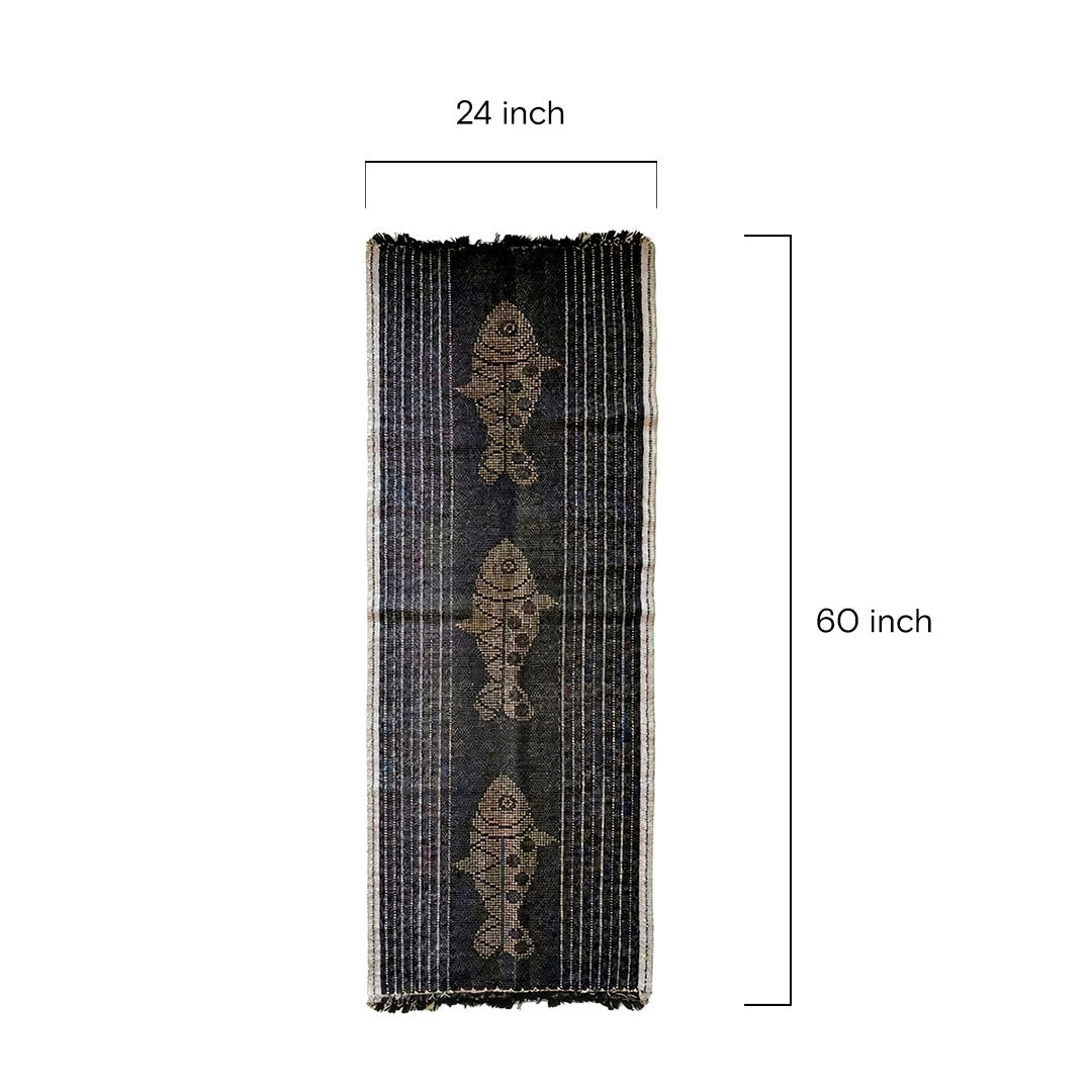 Hand-Woven Dhokra Weaving Fish Motif Charcoal Runner