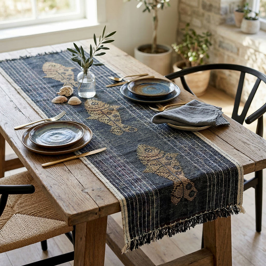 Hand-Woven Dhokra Weaving Fish Motif Charcoal Runner