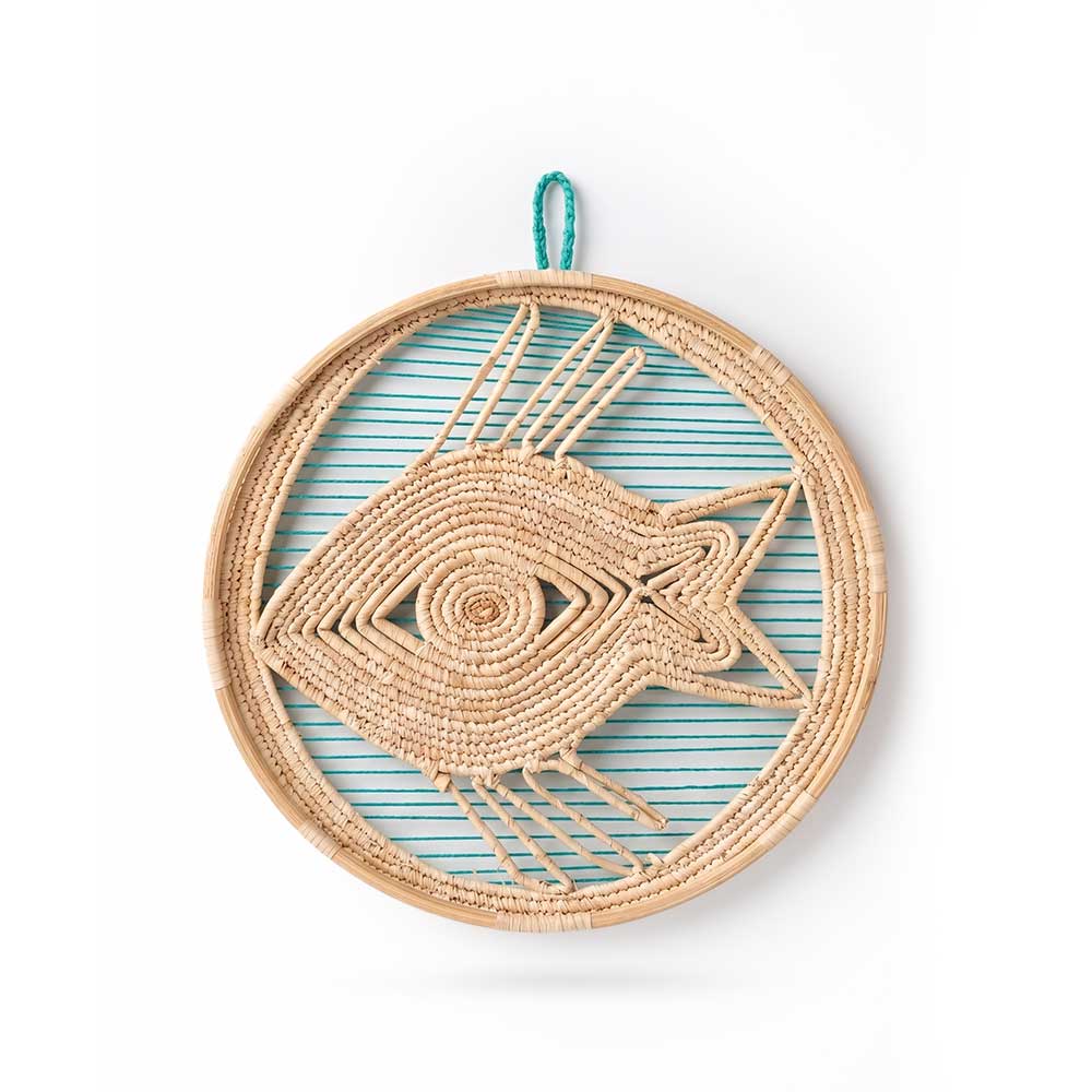 Kashi Grass Woven Fish Wall Art with Teal Accents