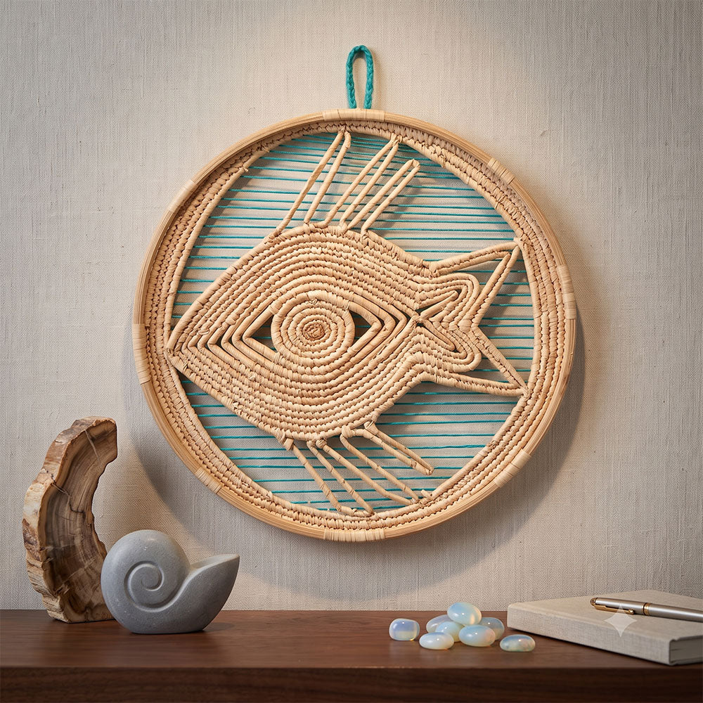 Kashi Grass Woven Fish Wall Art with Teal Accents