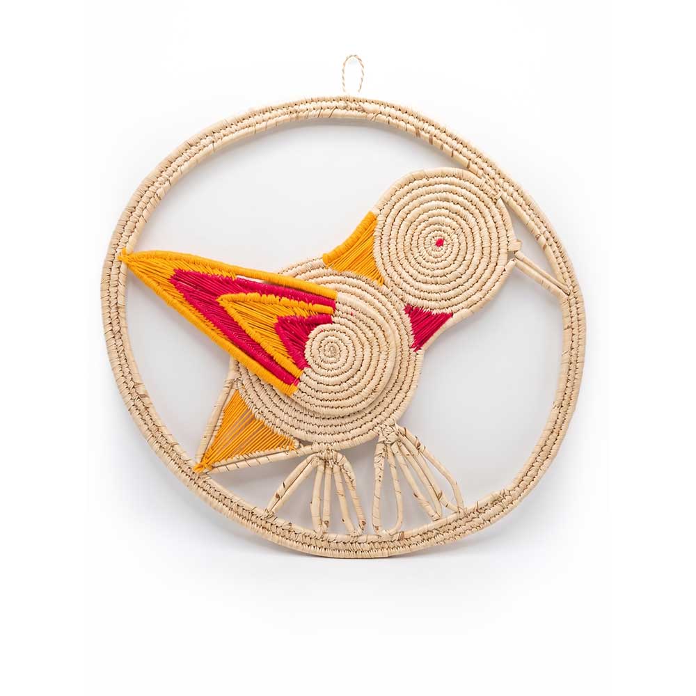 Kashi Grass Woven Bird Wall Art with Pink and Orange Accents
