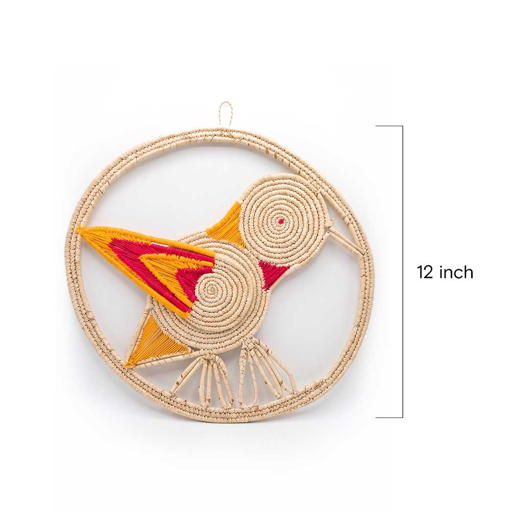 Kashi Grass Woven Bird Wall Art with Pink and Orange Accents