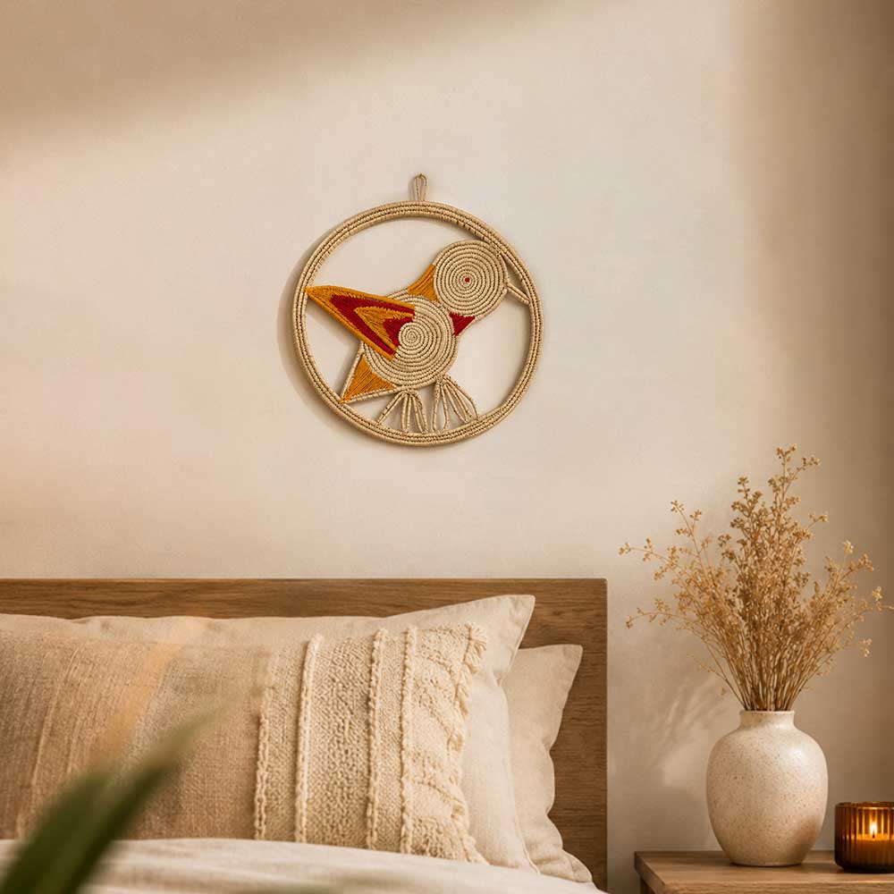 Kashi Grass Woven Bird Wall Art with Pink and Orange Accents