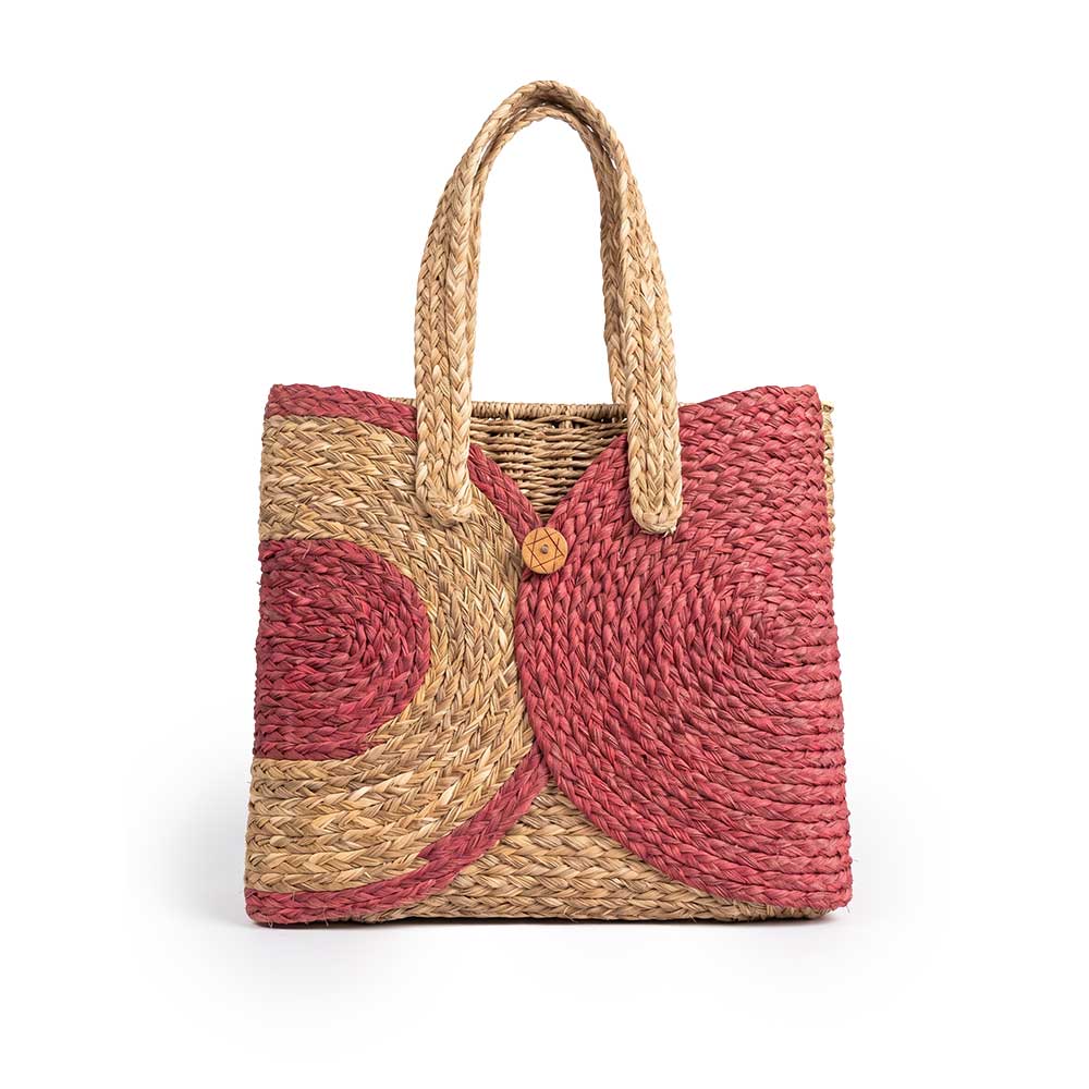 Handwoven Sabai Grass Tote Bag with Rose Pink Circular Design