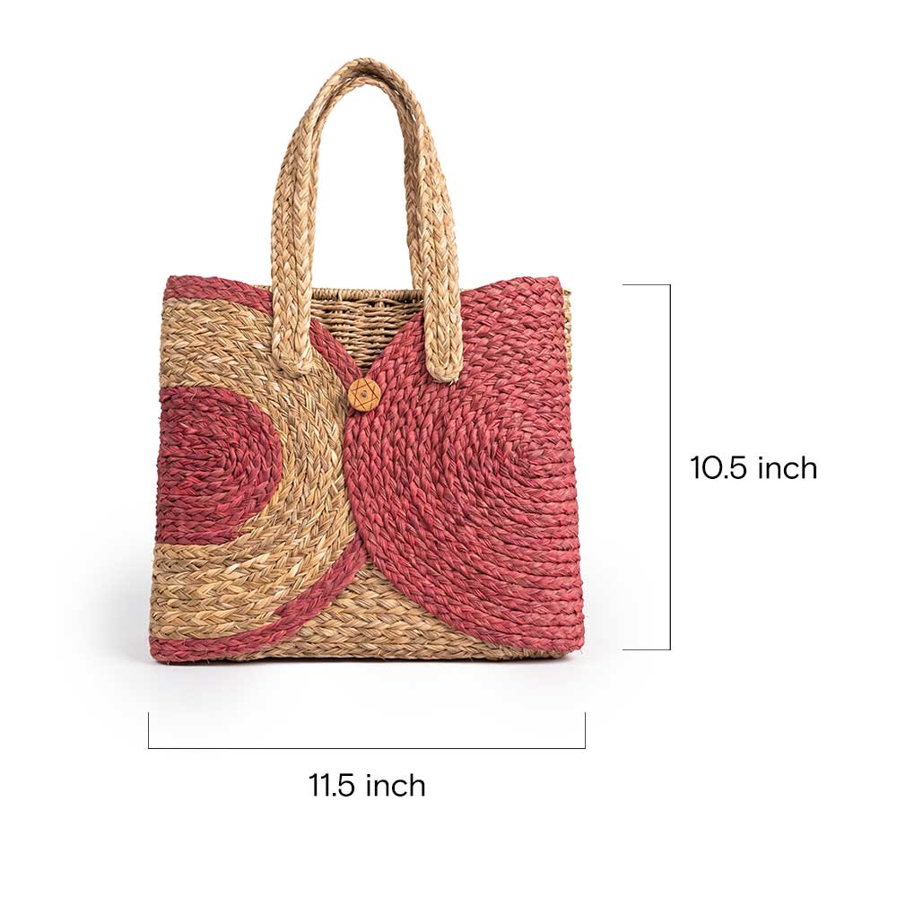 Handwoven Sabai Grass Tote Bag with Rose Pink Circular Design