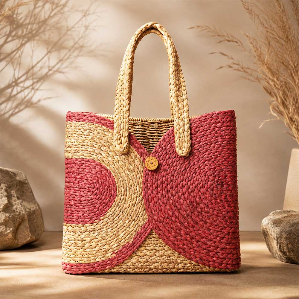 Handwoven Sabai Grass Tote Bag with Rose Pink Circular Design