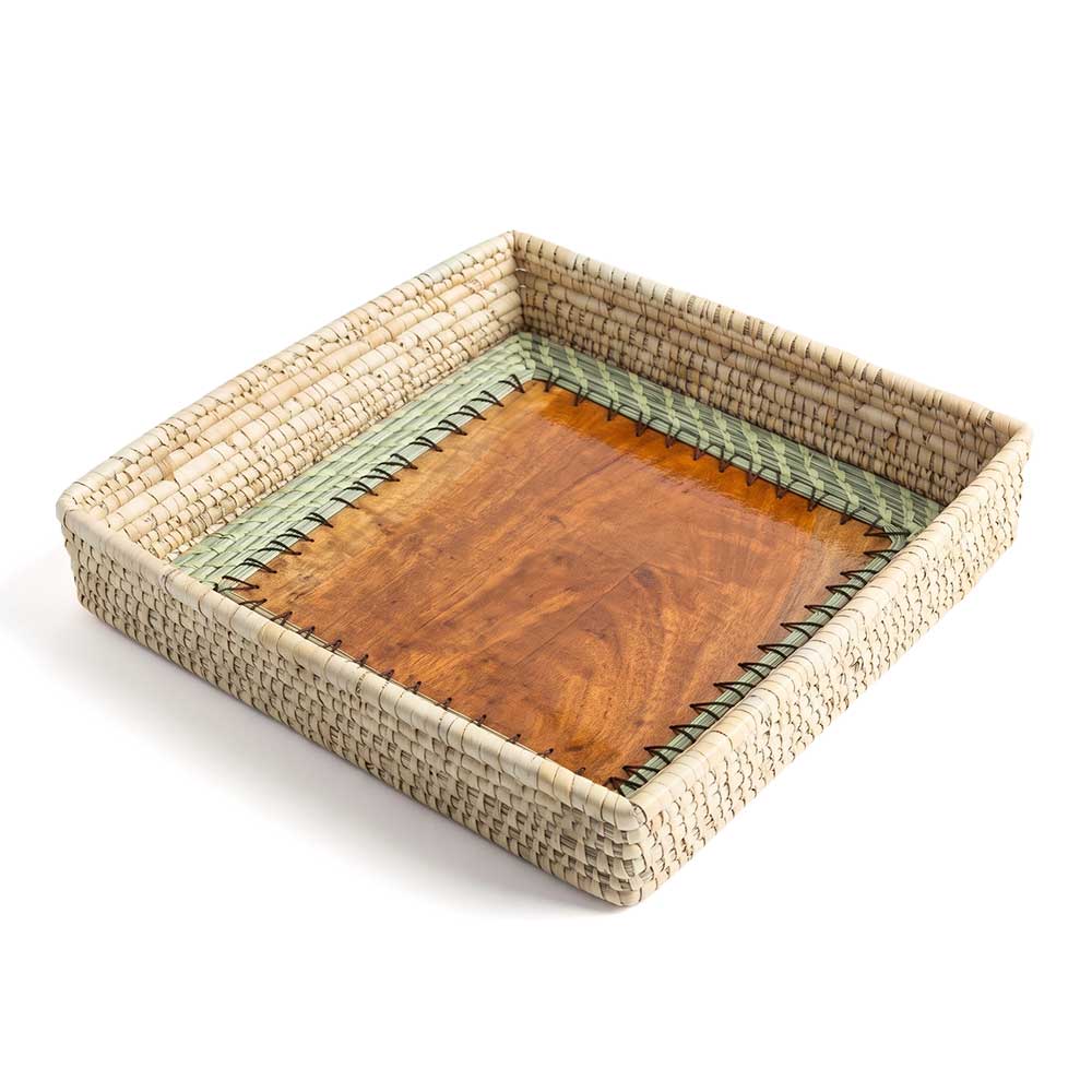 Kashi Grass Handwoven Square Tray with Polished Wood Base