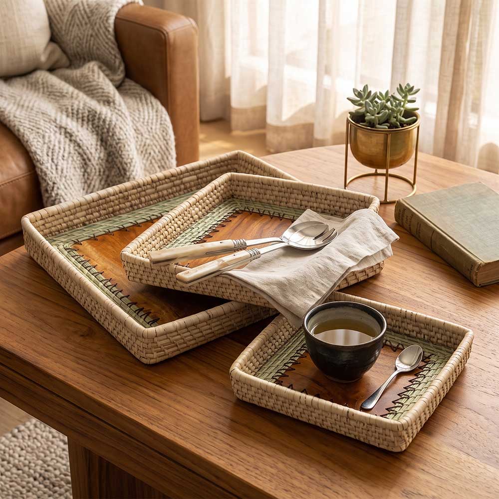 Kashi Grass Handwoven Square Tray with Polished Wood Base