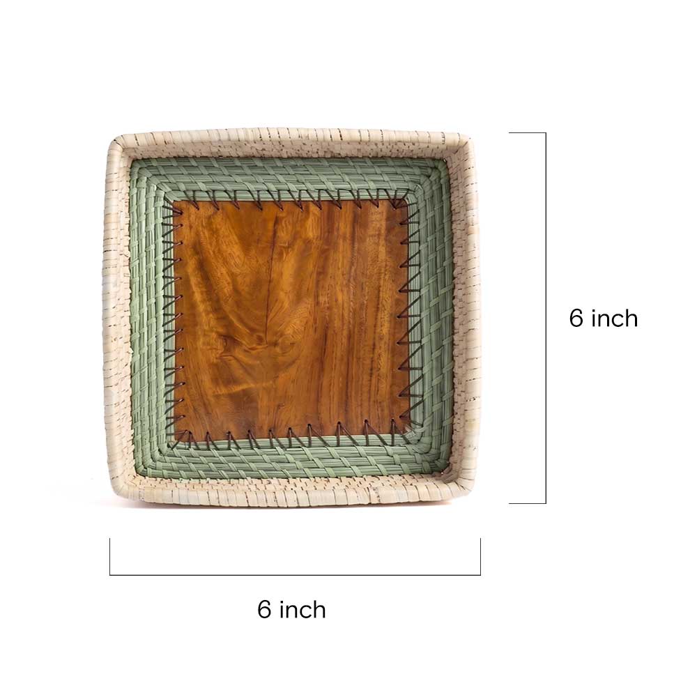 Kashi Grass Handwoven Square Tray with Polished Wood Base