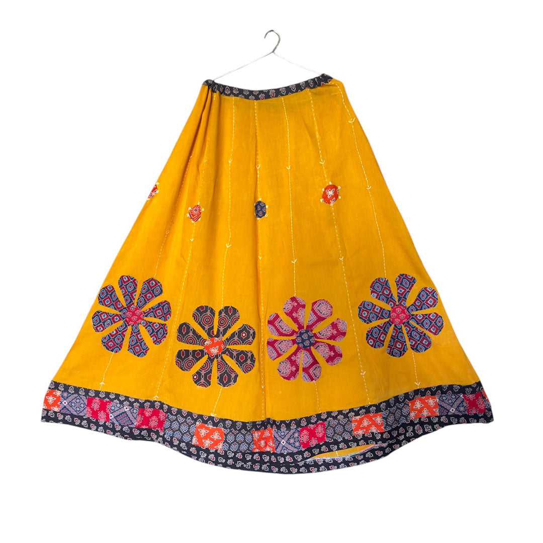 Yellow Floral Patchwork Maxi Skirt with Ethnic Border