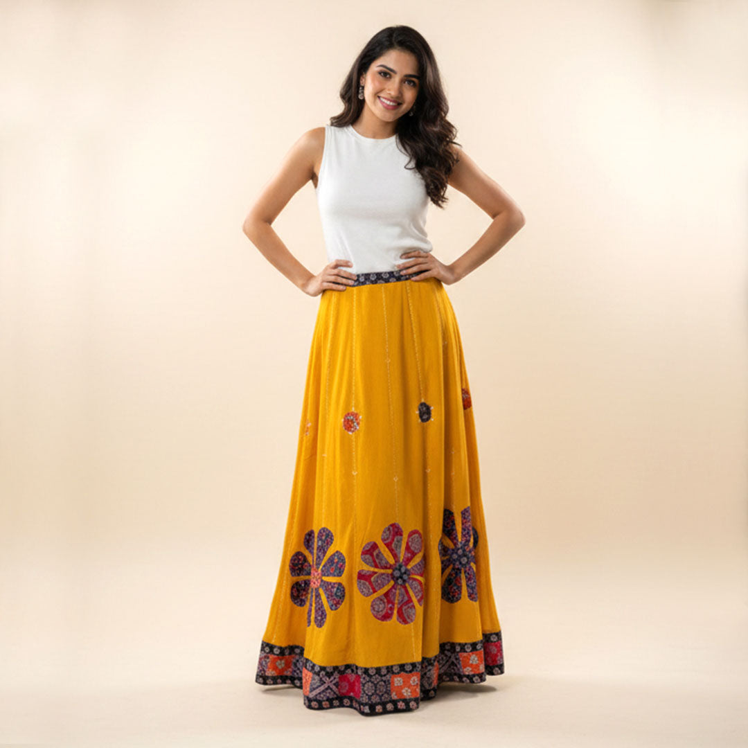 Yellow Floral Patchwork Maxi Skirt with Ethnic Border
