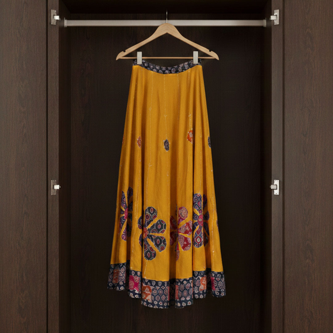 Yellow Floral Patchwork Maxi Skirt with Ethnic Border