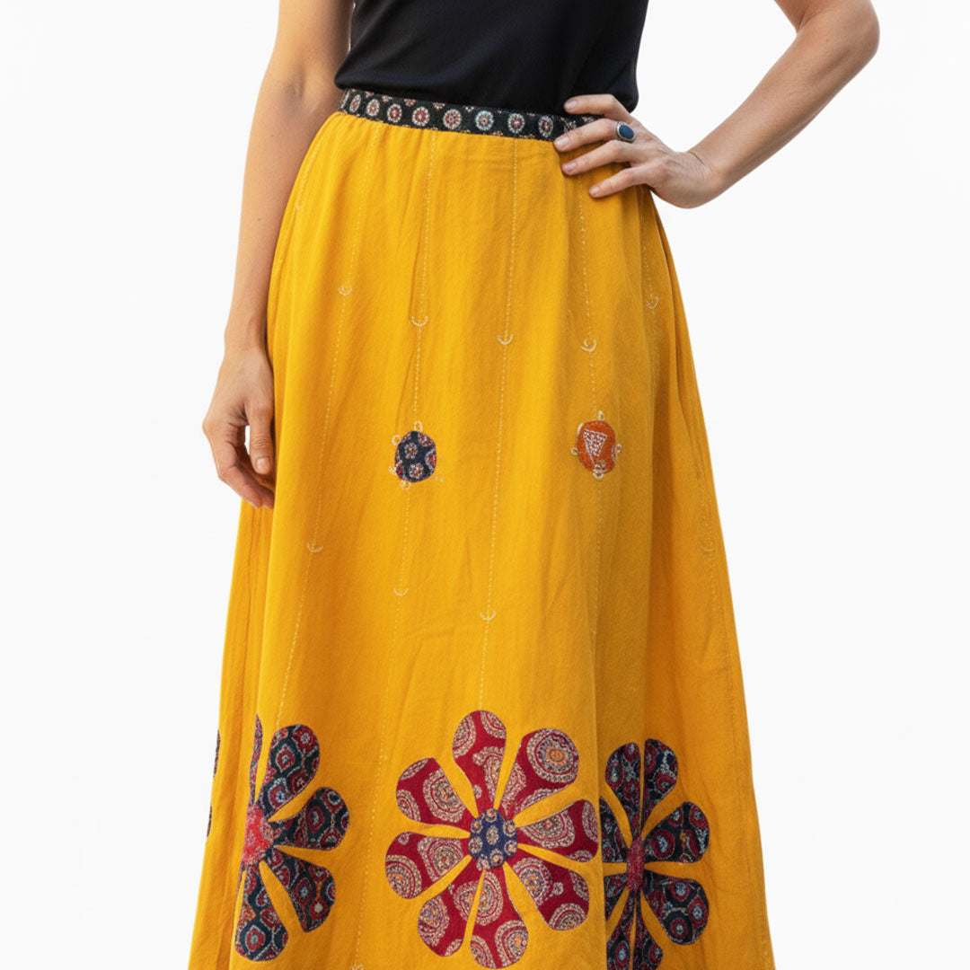 Yellow Floral Patchwork Maxi Skirt with Ethnic Border