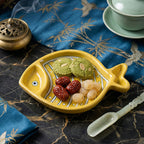Yellow Polka Dot Fish Blue Pottery Trinket Dish