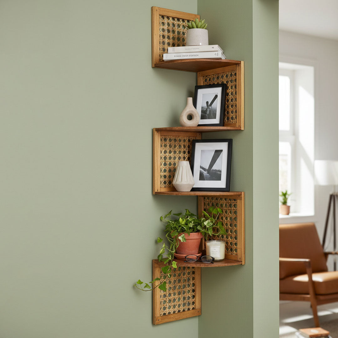 Wooden wall shelves with decorative items against a green wall